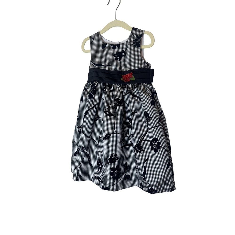 Marmellata Dress Girls 3T Black White Gingham‎ Floral Sleeveless Sash Bow Party